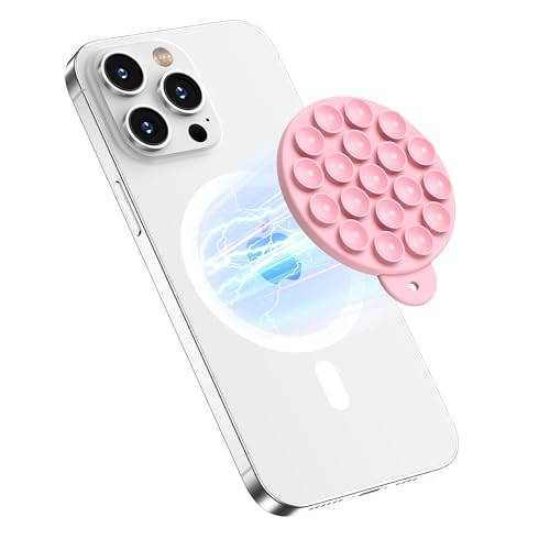 Magnetic Suction Cup Phone Mount with MagSafe, Silicone Hands-Free Grip Holder for iPhone Case and Android, Mirror Shower Phone Stand for Makeup FaceTime Gym Kitchen Bathroom, Pink - color: Pink