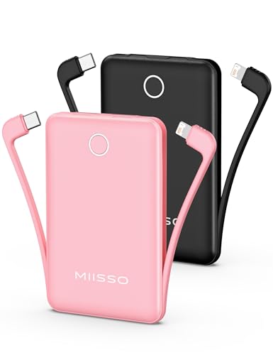 10000mAh Mini Portable Charger with Built in Cable, 2 Pack Black & Pink - color: 2 Pack Black & Pink