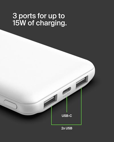 Belkin 10000mAh 15W 3 Port Power Bank, USB A to USB C Cable Included | Fast Charging, iPhone 17, Samsung Galaxy, Pixel, Airpods, iPad, Nintendo Switch 2, Battery Pack, USB C Port, USB A Port - color: White
