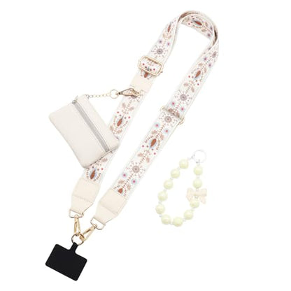 Phone Strap with Zippered Pouch, Clip and Go Strap for Phone with Wallet Crossbody, Adjustable Crossbody Phone Strap-1 - color: Bohemian White