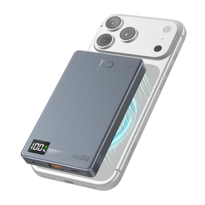 Magnetic Power Bank 10000mAh, PD 35W Fast Charging Portable Charger, Gray | with Smart Digital Display, Slim Wireless Battery Pack for iPhone 17/16/15/14/13/12, Samsung & Android, Charge 4 Devices - color: Gray Blue