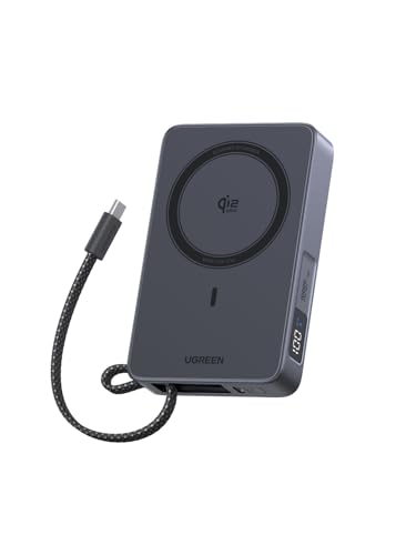 UGREEN MagFlow 10000mAh Qi2 25W Wireless Power Bank Built-in Cable - color: Grey