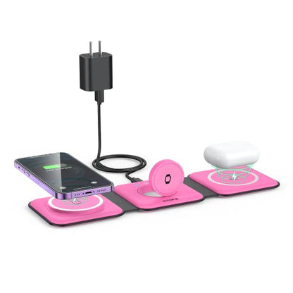 3 in 1 Wireless Charging Station for Apple,Foldable Magnetic Travel Charger - color: rose red