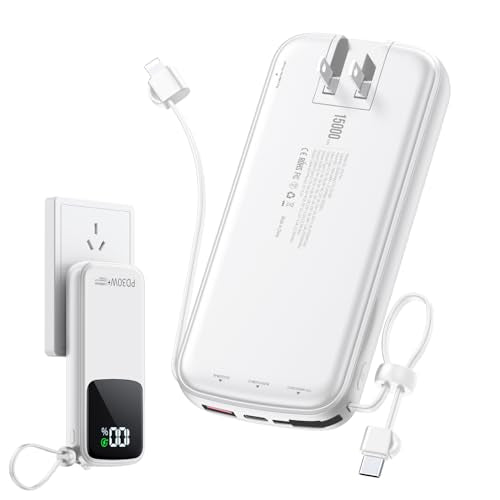 Portable Charger Power Bank, 15000mAh Portable Charger Fast Charging Lightweight, Built-in AC Wall Plug and 2 Output Cables with LED Display for iPhone Samsung iPad etc