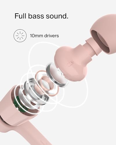 Belkin USB-C Wired Earbuds, Adjustable Volume Limiter, IPX5 - color: Pink, size: One Size, style: USB-C + Volume Control