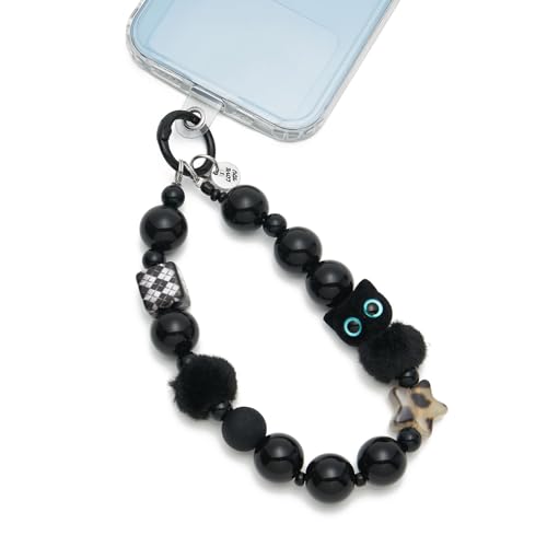 WOZEAH Phone Charm for Women, Beaded Wrist Strap Lanyard with Tether Tab – Detachable Phone Chain Wristlet - color: Black Plush Cat