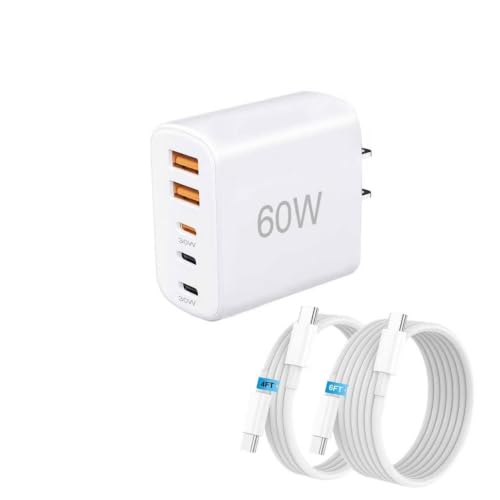 USB C Charger Fast Charging, 5 Port Multi USB C & A Wall Charger Block with 4FT and 6FT Long Type C Cable, 60W PD Power Adapter for iPhone 17/16/15,Samsung Galaxy S26/Z Fold7/C55/A52