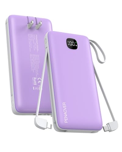 penaover Portable Charger with Built-in Cables&AC Wall Plug,5 Output 2 Input 20000mAh Power Bank,22.5W Fast Charging Battery Pack with LED Display,Compatible with iPhones,Android, Samsung etc,Purple - color: Purple