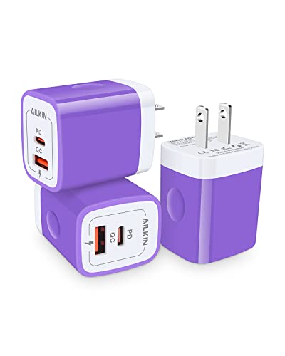 3Pack Dual Port USB-C Wall Plug-in USBC Charger, AILKIN 20W Power Delivery - color: Purple