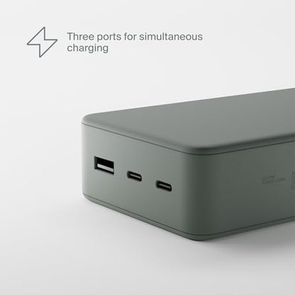 Clemm Portable Charger 30000mAh, Power Bank for iPhone, Samsung, iPad & Laptops, 3 Ports (USB-A + 2× USB-C), Quick Charge & Power Delivery, Up to 6 Phone Charges or 1 Laptop Charge, Green