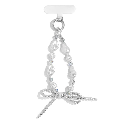 Cute Phone Wrist Strap Chic Beaded Cellphone Lanyard Phone Charm Grip Strap - color: Silver Pearls