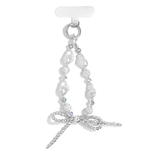 Cute Phone Wrist Strap Chic Beaded Cellphone Lanyard Phone Charm Grip Strap - color: Silver Pearls