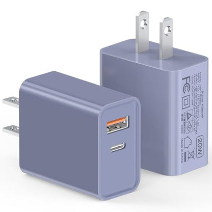 2 Pack USB C Charger Block, 20W USB-C & USB-A Port Adapter - color: Purple