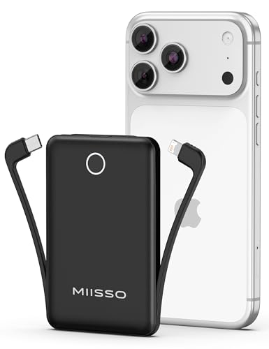 miisso 10000mAh Mini Portable Charger with Built in Cable, Black - color: Black