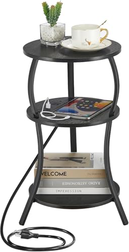 YEAKOO Small Side Table with Charging Station,3-Tier Round end Table - color: Black, style: USB Charger