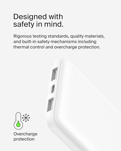 Belkin 10000mAh 15W 3 Port Power Bank, USB A to USB C Cable Included | Fast Charging, iPhone 17, Samsung Galaxy, Pixel, Airpods, iPad, Nintendo Switch 2, Battery Pack, USB C Port, USB A Port - color: White