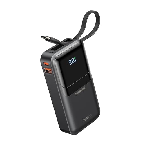 MOKiN Portable Charger, 10000mAh 30W Power Bank Fast Charging, Phone Battery Pack with Built in Cable, 4 Outputs, Travel Compact Powerbank USB C for iPhone iPad Pro MacBook Air Samsung