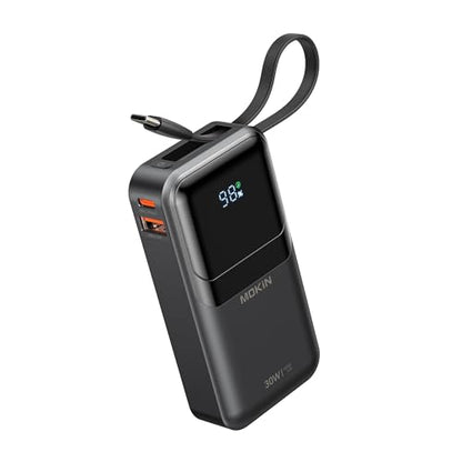 MOKiN Portable Charger, 10000mAh 30W Power Bank Fast Charging, Phone Battery Pack with Built in Cable, 4 Outputs, Travel Compact Powerbank USB C for iPhone iPad Pro MacBook Air Samsung