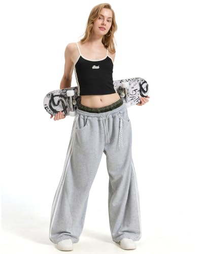 Women's Baggy Barrel Sweatpants, Double Waist Striped Wide Leg Pants - color: Grey, size: Medium