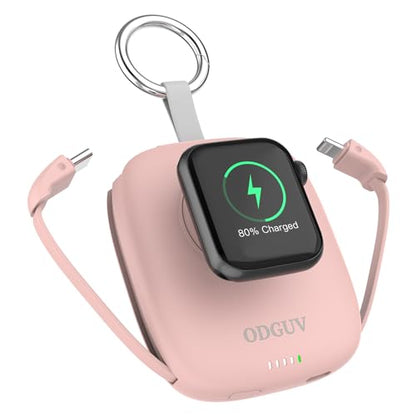 Small Portable Charger 5000mAh,iWatch Wireless Charger Mini Power Bank with Built-in Cable,Travel Keychain Charger for Apple Watch 11/10/9/8/Ultra/7/6/Se/5/4,iPhone 17/16/15/14/13/12,Android Phone - color: Pink