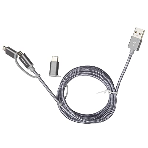 Legrand 3-in-1 Multi USB Cable, Lightning + USB-C + Micro-USB, 1.2m, 12W, Apple MFi-Certified, Silver, Compatible with iPhone, iPad, Samsung, Huawei