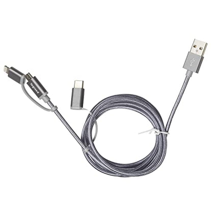 Legrand 3-in-1 Multi USB Cable, Lightning + USB-C + Micro-USB, 1.2m, 12W, Apple MFi-Certified, Silver, Compatible with iPhone, iPad, Samsung, Huawei