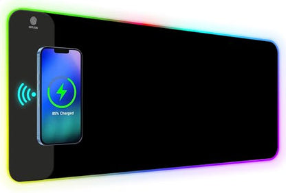 AIMSA Wireless Charging RGB Gaming Mouse Pad 15W, Extended LED Desk Mat Protector 800x300x4MM, 14 Light Modes Extra Large Mousepad Non-Slip Rubber Base Desk Mat, Cool Black - color: Cool Black