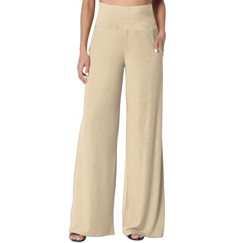 Women's Palazzo Lounge Wide Leg Casual High Waist Flowy Pants with Pockets - color: 01-beige, size: Medium