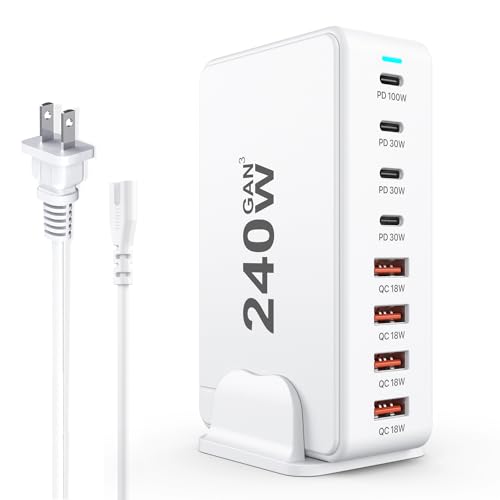 USB C Charger, 240W GaN 8 Port USB Fast Block, PD100W Multi-Port Charging Station, Power Adapter Plug for Samsung/iPhone/Google, Laptop Charger for MacBook Pro/Air - size: 240W-Sin