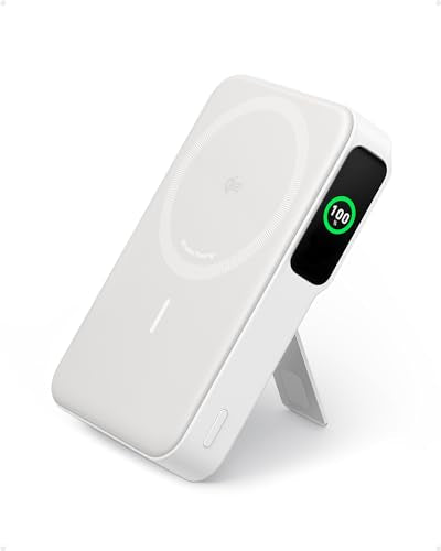 Anker MagGo Power Bank, 10,000mAh Qi2-Certified 15W Max Portable Charger | Fast MagSafe-Compatible Battery Pack, Smart Display, Foldable Stand, for iPhone 16 / 15 / 14 / 13 Only (USB-C Cable Included) - color: White