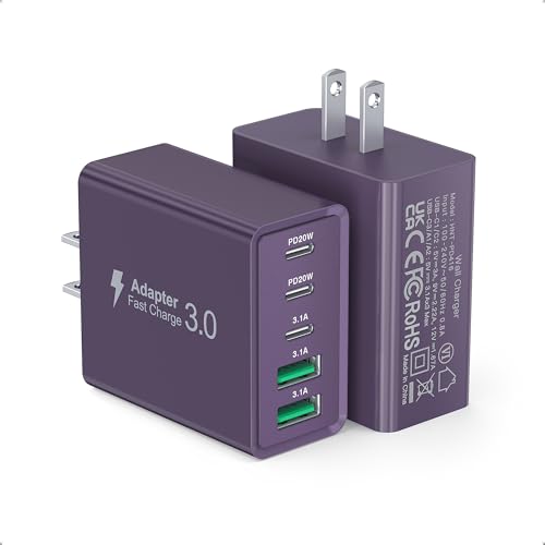 [2Pack] 60W USB C Plug,5-Port Fast Charger Block PD+QC Cube Wall Charging Box Brick for iPhone 17/16/15/14/13 for Samsung Galaxy S25/S24/S23/S22/S21+/S21 Ultra, Magsafe Wireless Charger,(Purple) - color: Purple
