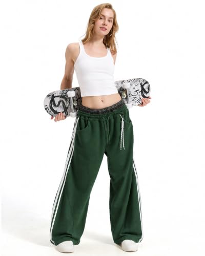 Women's Baggy Barrel Sweatpants, Double Waist Striped Wide Leg Pants - color: Green, size: X-Large