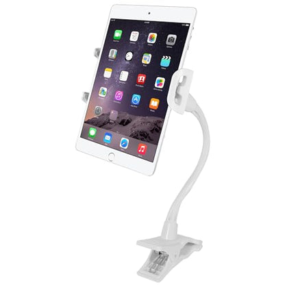 Macally Clip On Tablet Holder | Gooseneck iPad Holder for Bed, Stroller, Airplane, Desk (Universal Tablet Compatibility) Strong and Secure iPad Arm Mount, Tablet Clamp Mount, Kindle Holder - color: White