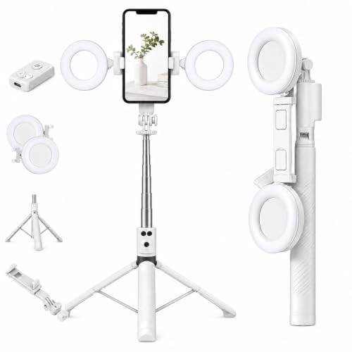 White Phone Tripod with Light, 67 in Selfie Stick for iPhone with Remote - color: White