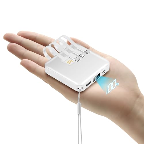 ummz Mini Portable Charger with Built-in 4 Cables，12000mAh Small Power Bank - color: white