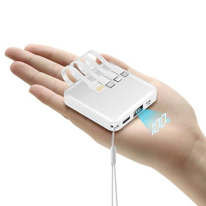 ummz Mini Portable Charger with Built-in 4 Cables，12000mAh Small Power Bank - color: white
