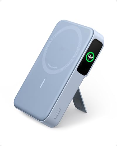 Anker MagGo Power Bank, 10,000mAh Qi2-Certified 15W Max Portable Charger | Fast MagSafe-Compatible Battery Pack, Smart Display, Foldable Stand, for iPhone 16 / 15 / 14 / 13 Only (USB-C Cable Included) - color: Blue