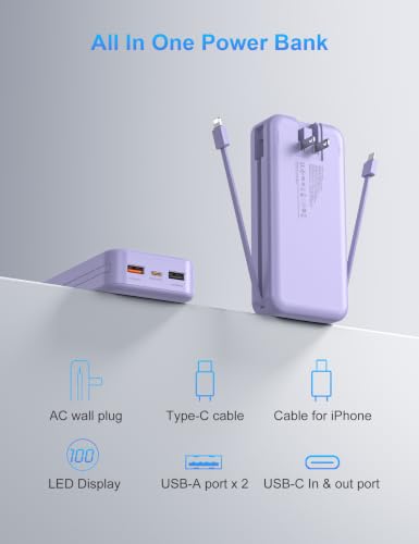 Ffnpua Portable Charger Power Bank 20000mAh PD20W w/Built-in Cables