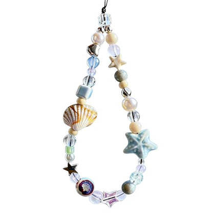 Cute Beaded Camera Wrist Strap for Phone, Digital Camera Charm Lanyard, Pearl Beaded Chain for Bag Keychain Gift - color: Blue Shell