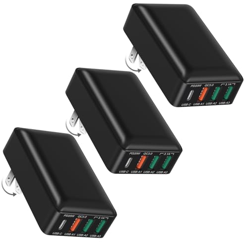 Flat USB C Wall Charger, OKRAY 3Pack 40W 4-Port Fast Charging Foldable Plug - color: Black - 3Pack