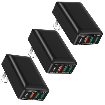 Flat USB C Wall Charger, OKRAY 3Pack 40W 4-Port Fast Charging Foldable Plug - color: Black - 3Pack