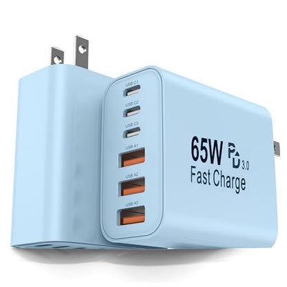 2-Pack 65W USB C Charger Block, 6-Port Fast Wall Charging Block [3 PD USB-C & 3 QC USB-A] for iPhone 17 16 15 Pro Max, iPad Pro, Galaxy S26 S25, Pixel 10 9, iWatch,Google & More - color: Blue