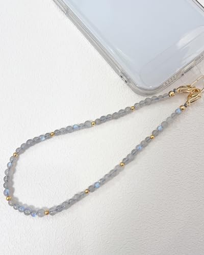 Natural Gemstone Phone Charm Wrist Strap, Beaded Lanyard Wristlet Chain, Elegant Bracelet Strap for Phone Cases - color: Gray Moon Stone