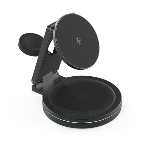 Foldable 360º Rotatable Zinc Alloy 3-in-1 Magnetic Wireless Charger, Charging Station, Charging Stand,15W for iPhone 12-17,5W for Apple Watches,AirPods(Adapter Included) (Black) - color: black