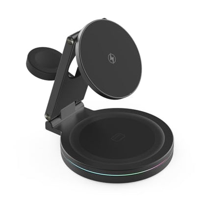 Foldable 360º Rotatable Zinc Alloy 3-in-1 Magnetic Wireless Charger, Charging Station, Charging Stand,15W for iPhone 12-17,5W for Apple Watches,AirPods(Adapter Included) (Black) - color: black