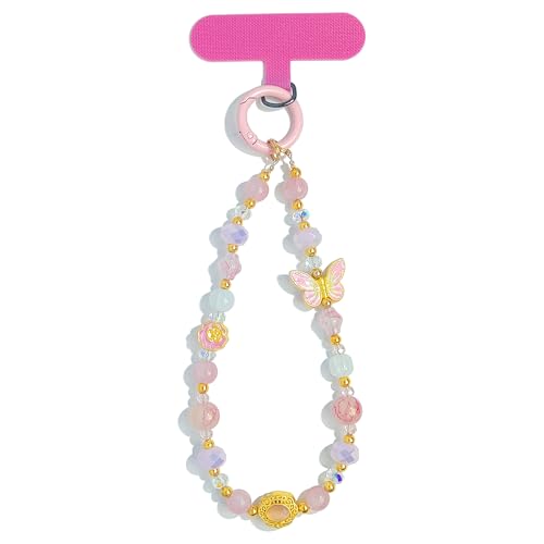 Cute Phone Wrist Strap Chic Beaded Cellphone Lanyard Phone Charm Grip Strap - color: Pink Butterfly