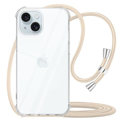 Strap Case for iPhone 15 Crossbody Cover for Women Crystal Clear Soft TPU Shockproof Anti-Yellowing Anti-Scratch Protective Cell Phone Case with Adjustable Lanyard for iPhone 15 - Beige - size: for iPhone 15