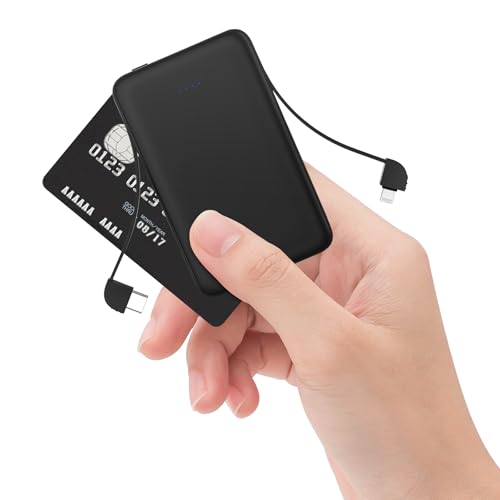 Sethruki Smallest Portable Charger with Built-in Cables 5000mAh,Ultra Slim Power Bank,Mini High Speed External Battery Packs,Lightweight USB C Phone Charger for iPhone Samsung Google Android (Black) - color: black
