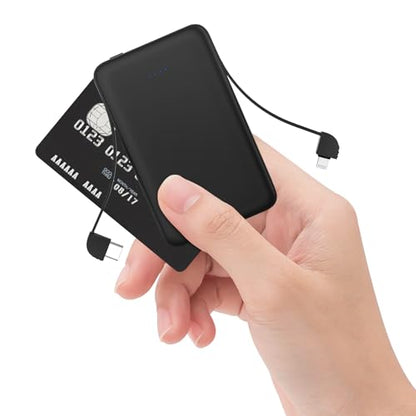 Sethruki Smallest Portable Charger with Built-in Cables 5000mAh,Ultra Slim Power Bank,Mini High Speed External Battery Packs,Lightweight USB C Phone Charger for iPhone Samsung Google Android (Black) - color: black