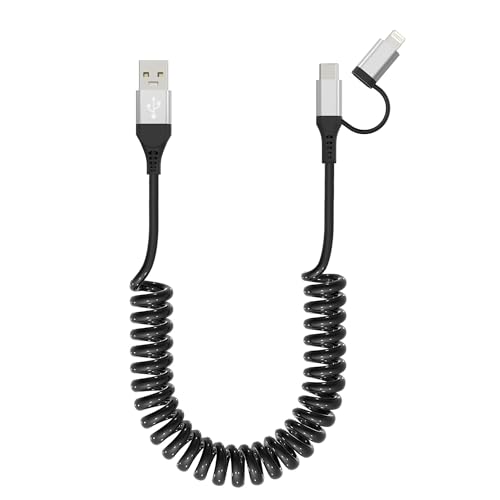 USB to USB-C and Lightning Cable 2 in 1 Coiled Cable Support Carplay & Android Auto [MFi & 3A Fast Charge & Data Sync] Coiled Lightning and USB C Cable for iPhone 17/16/15/14/13/Android, Silver - color: Silver